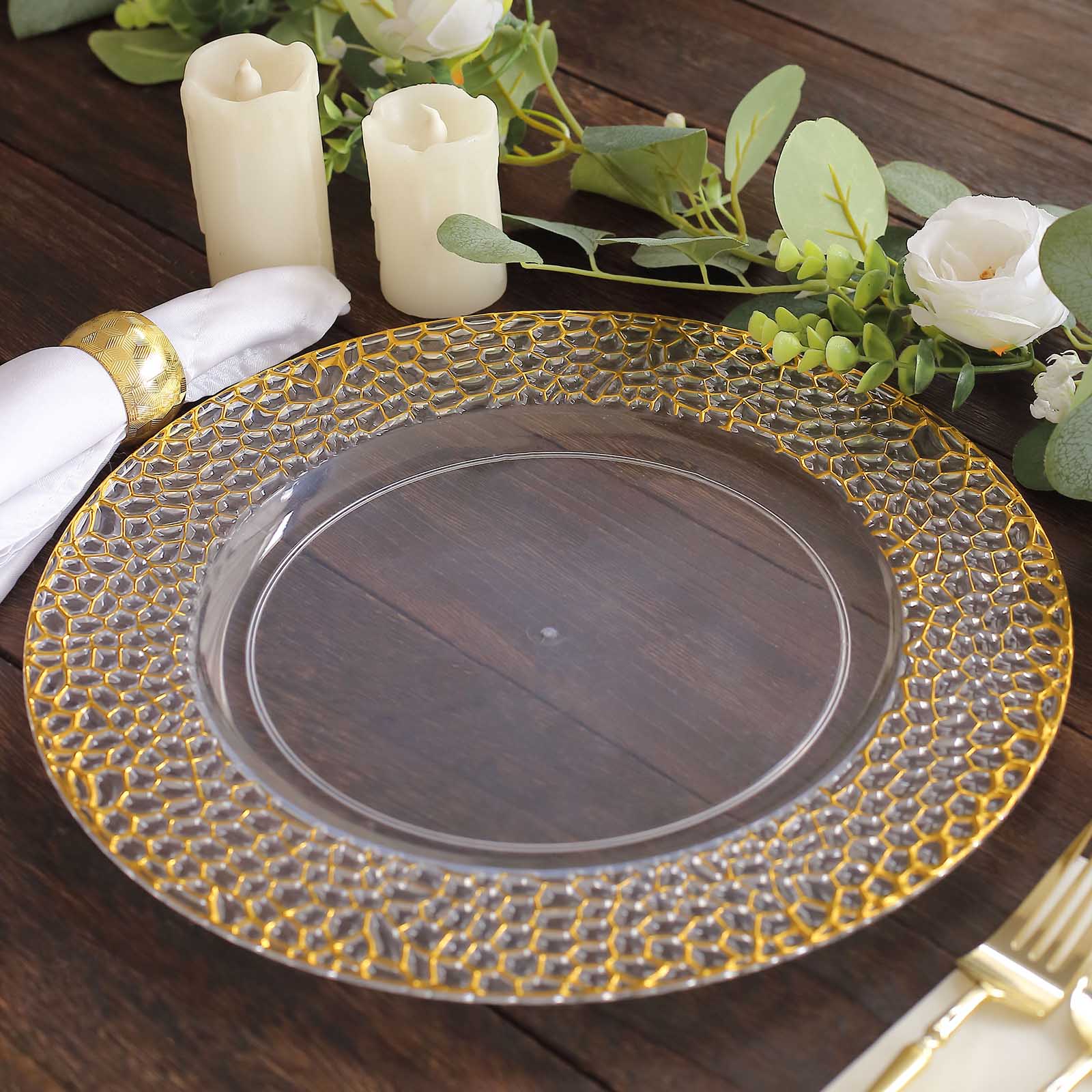 6 Metallic Clear 13 in Round Acrylic Charger Plates with Gold Hammered Rim