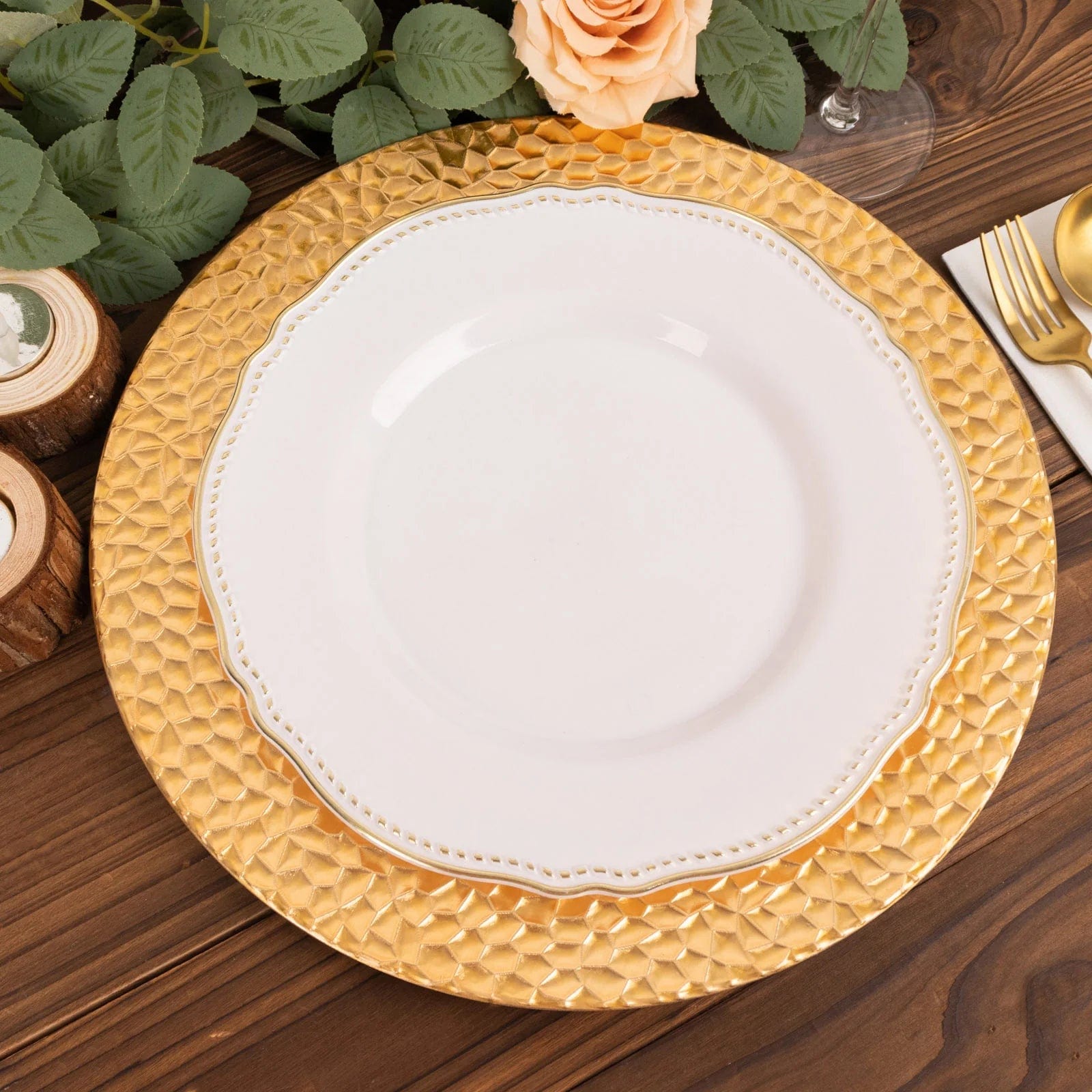 6 Metallic Gold 13 in Round Acrylic Charger Plates with Hammered Rim