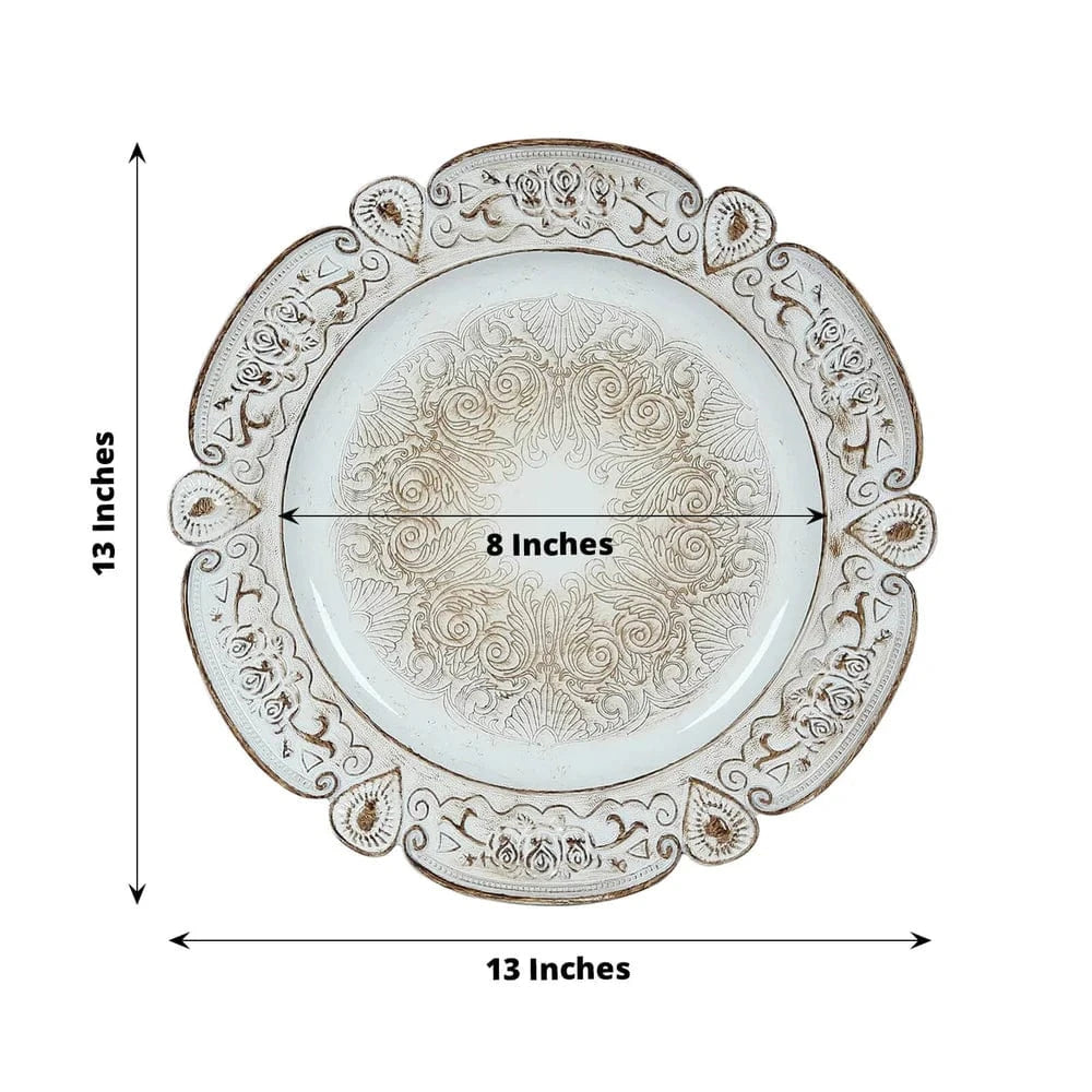 6 Round 13 in Plastic Charger Plates Floral Embossed Design with Scalloped Rim