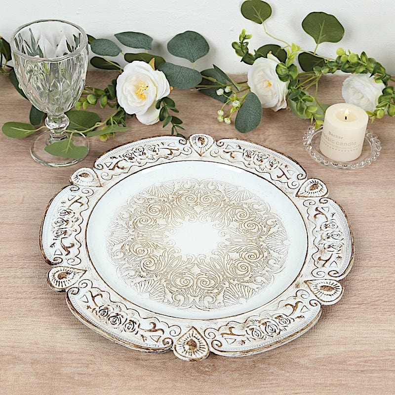 6 Round 13 in Plastic Charger Plates Floral Embossed Design with Scalloped Rim
