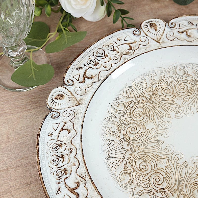 6 Round 13 in Plastic Charger Plates Floral Embossed Design with Scalloped Rim