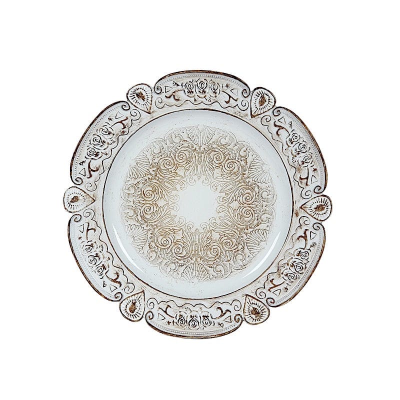 6 Round 13 in Plastic Charger Plates Floral Embossed Design with Scalloped Rim