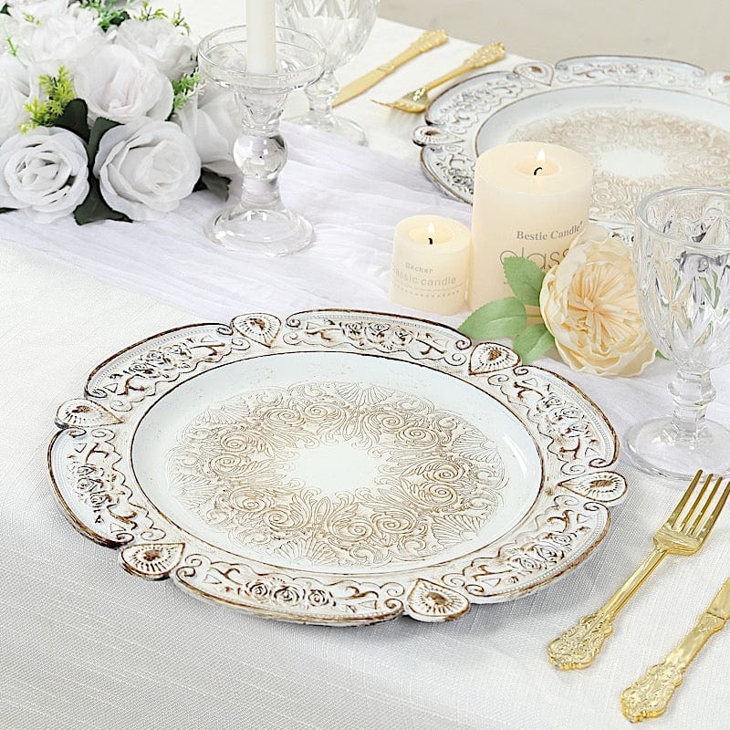 6 Round 13 in Plastic Charger Plates Floral Embossed Design with Scalloped Rim