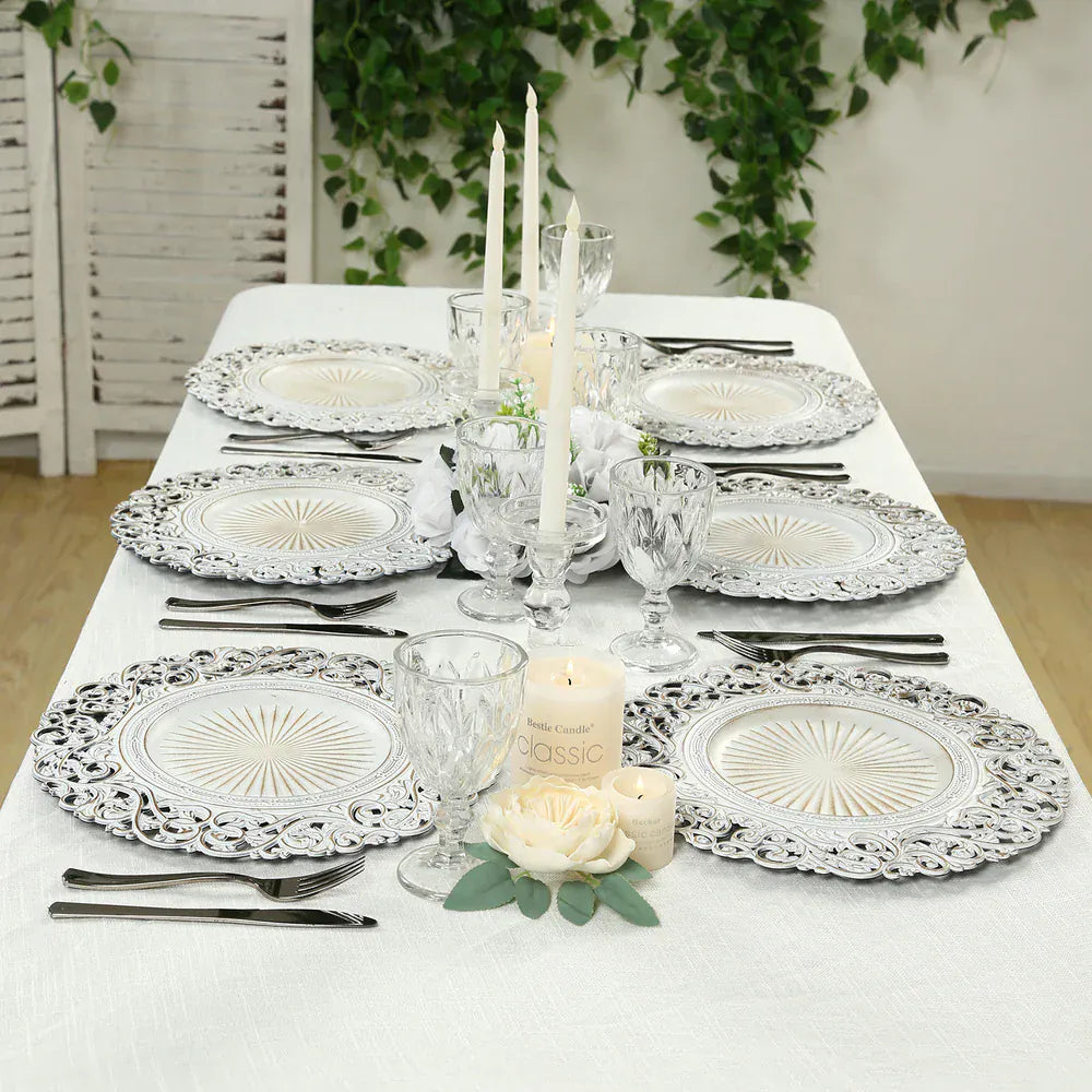 6 Round 13 in Vintage Floral Acrylic Charger Plates with Carved Borders