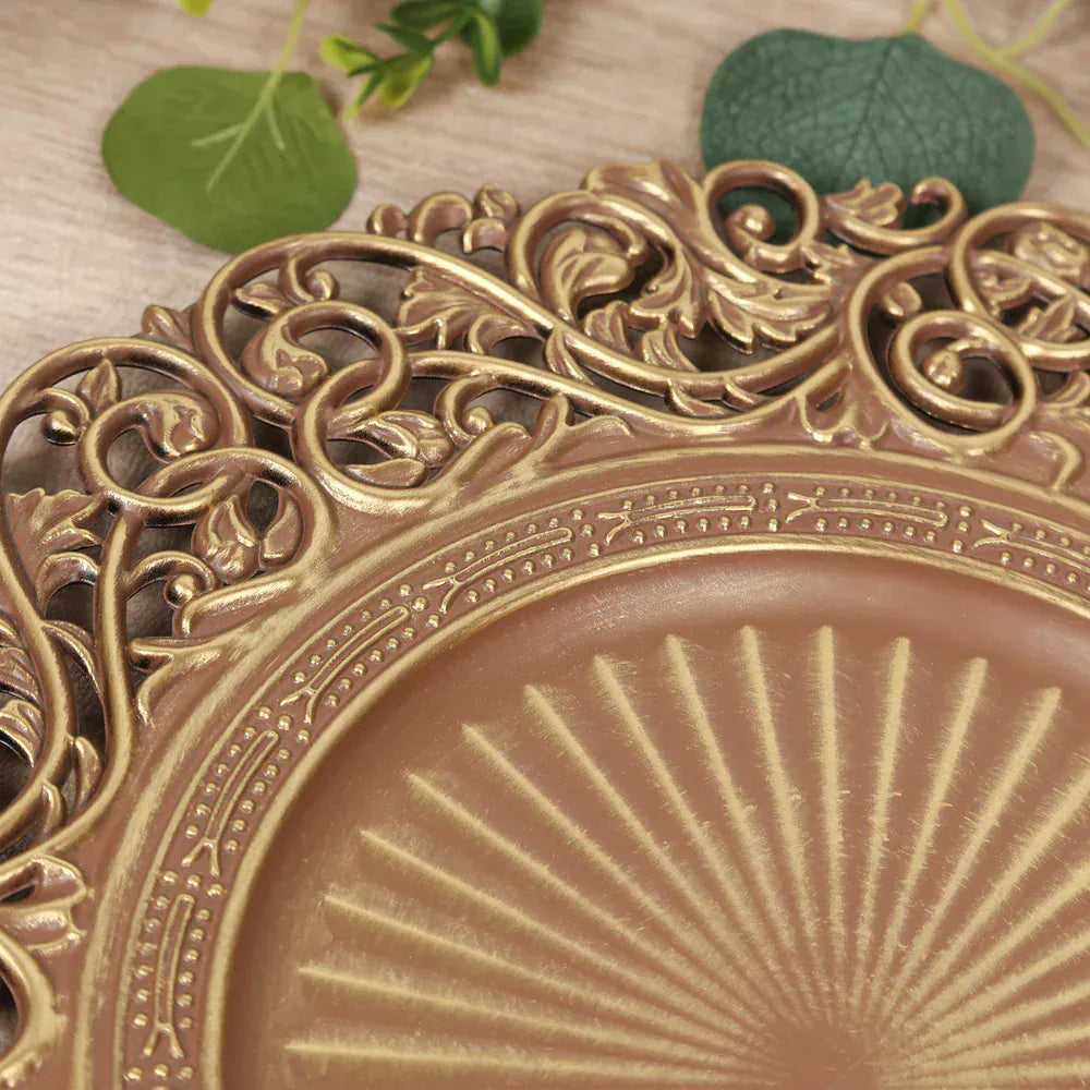 6 Round 13 in Vintage Floral Acrylic Charger Plates with Carved Borders
