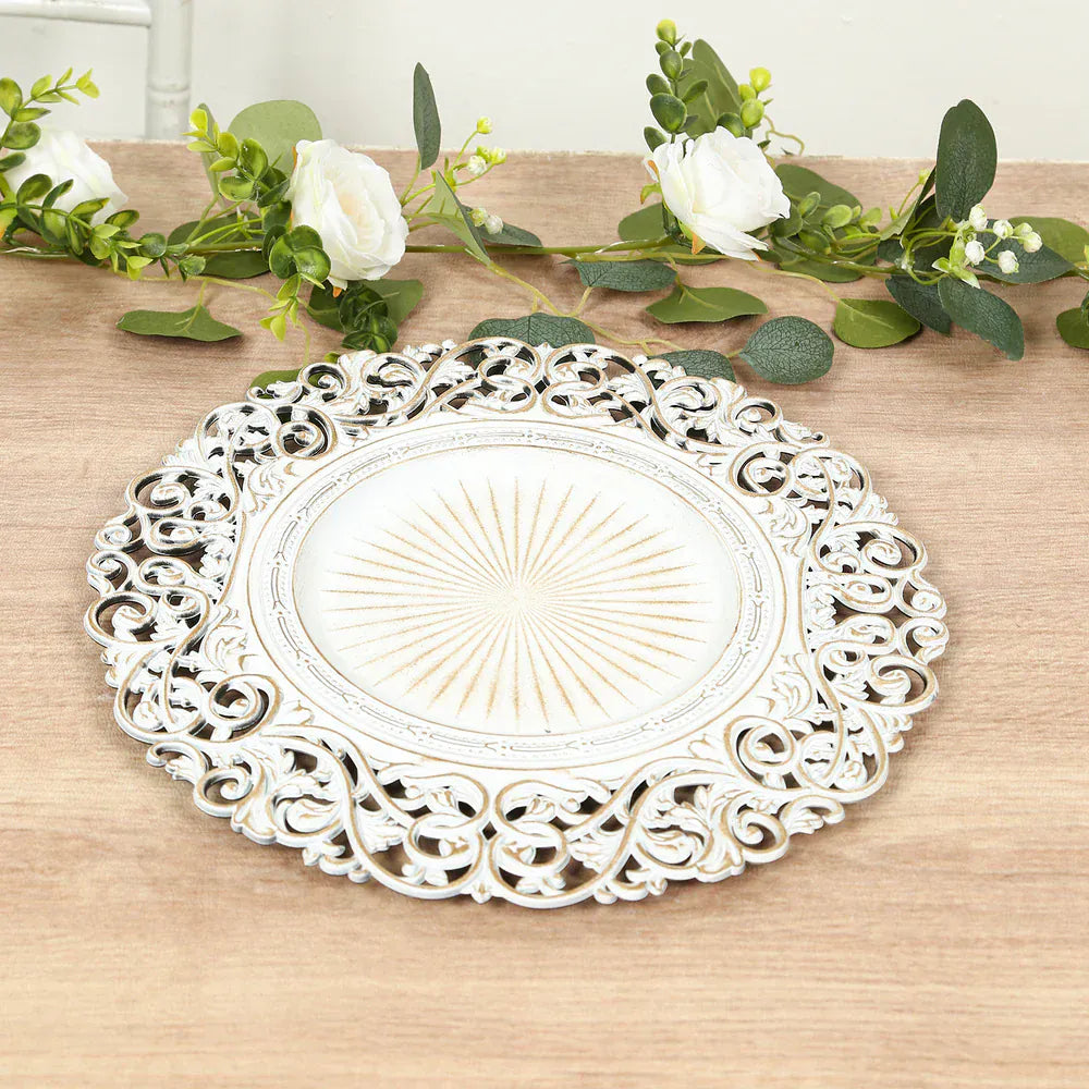 6 Round 13 in Vintage Floral Acrylic Charger Plates with Carved Borders