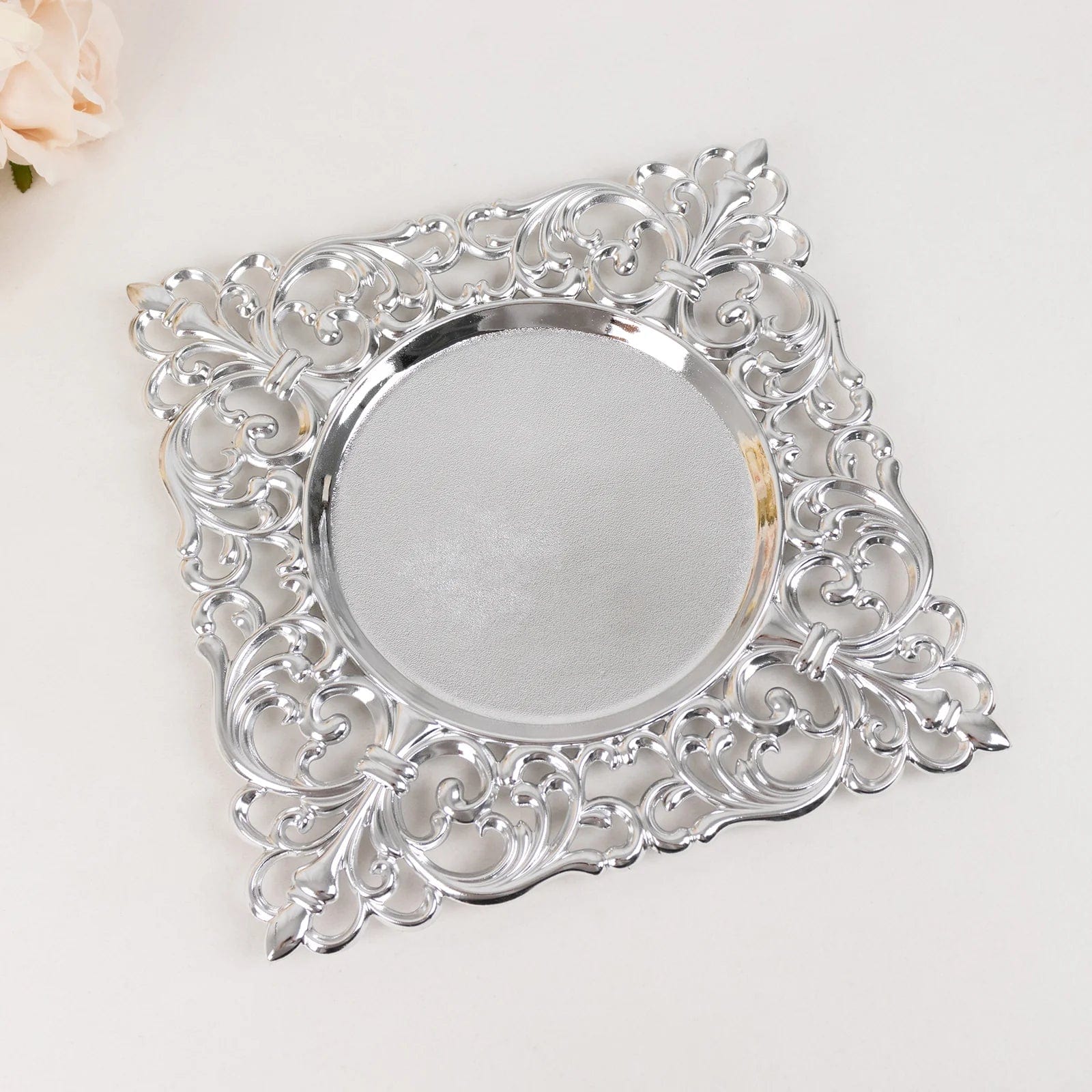 6 Square 12 in Vintage Acrylic Charger Plates with Hollow Lace Borders