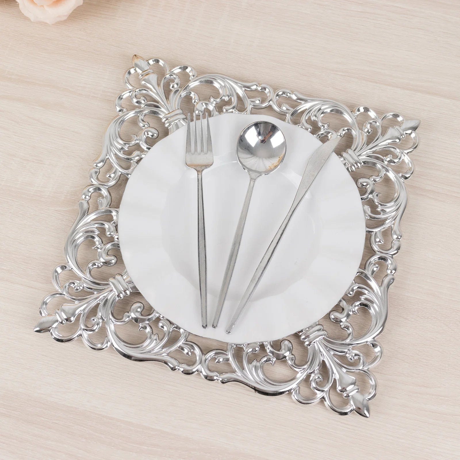 6 Square 12 in Vintage Acrylic Charger Plates with Hollow Lace Borders