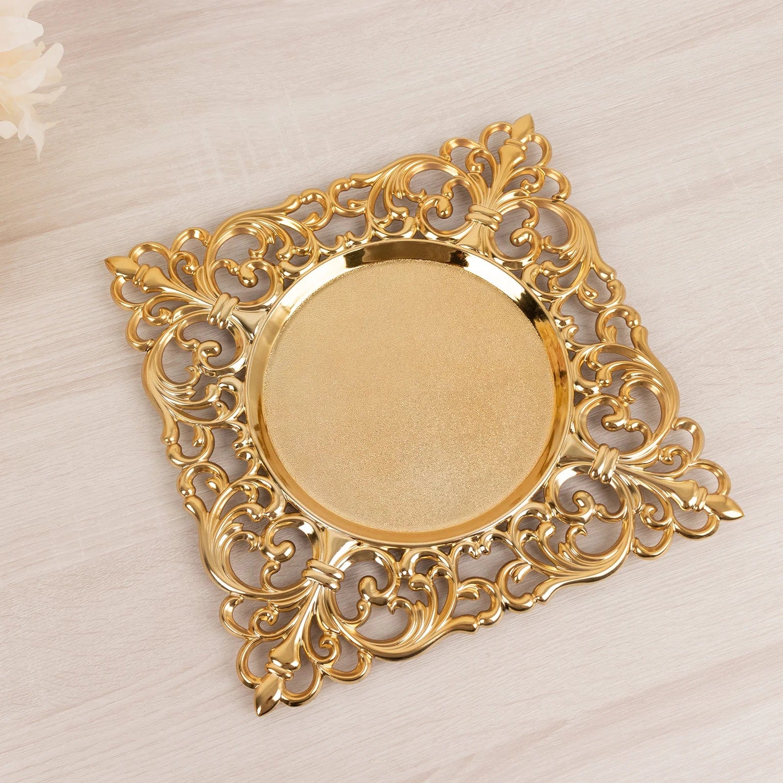 6 Square 12 in Vintage Acrylic Charger Plates with Hollow Lace Borders