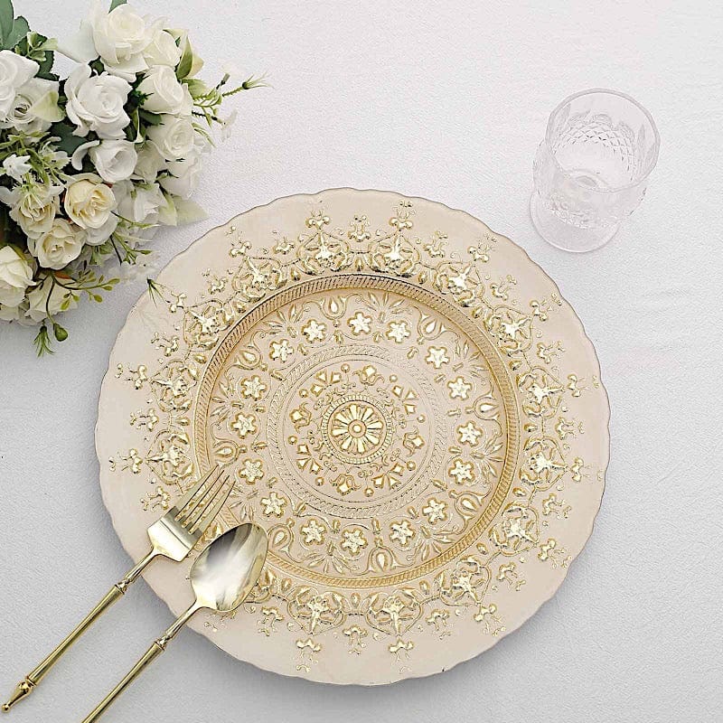 Gold 13 in Round Glass Charger Plates Monaco Style Ornate Design