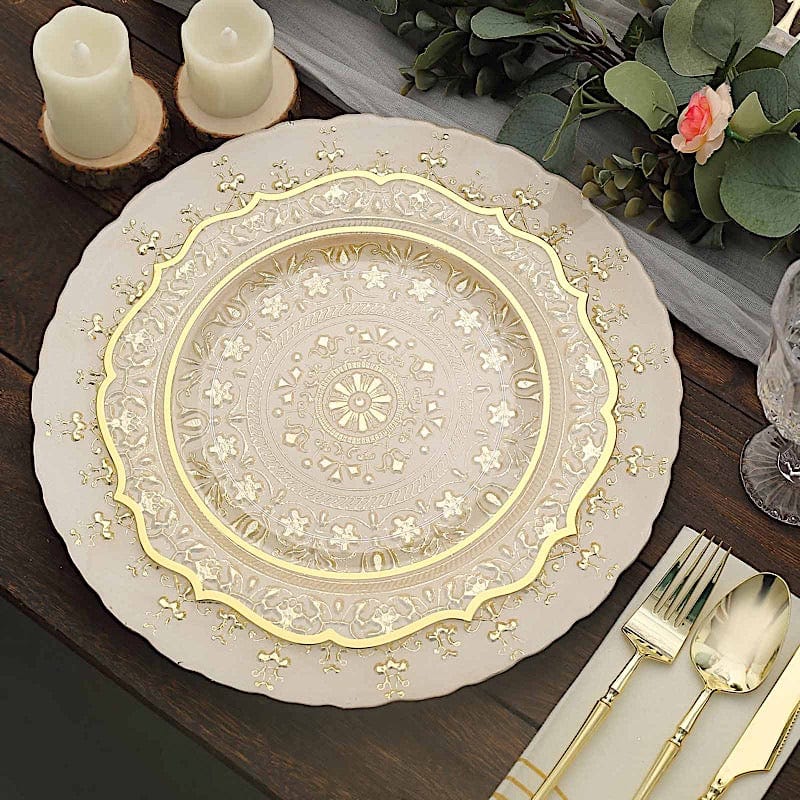 8 Gold 13 in Round Glass Charger Plates Monaco Style Ornate Design