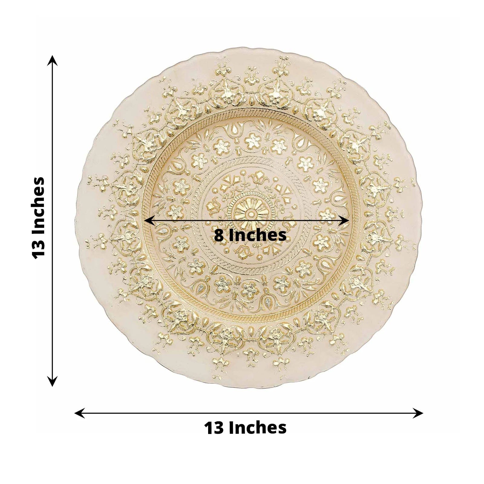 8 Gold 13 in Round Glass Charger Plates Monaco Style Ornate Design