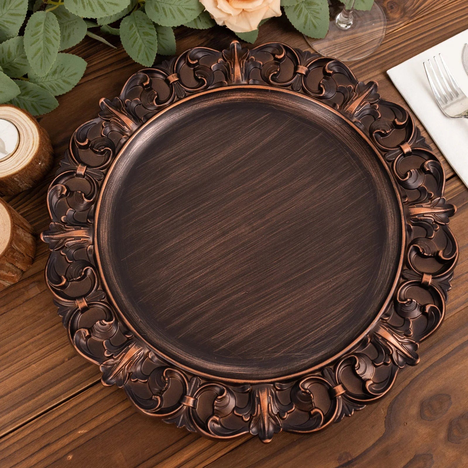 6 Dark Brown 13 in Aristocrat Style Round Charger Plates with Embossed Rim