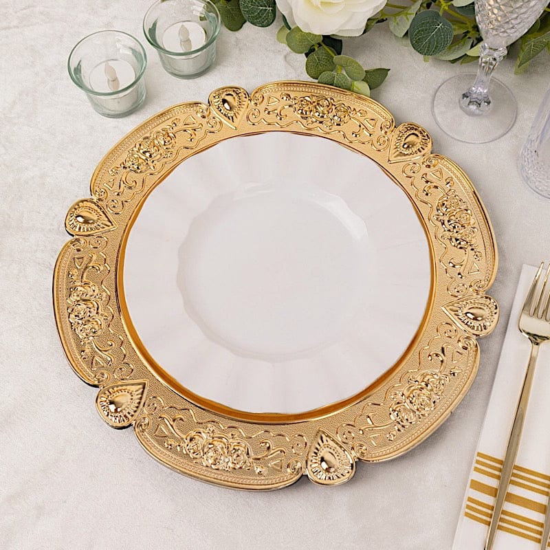 6 Round 13 in Plastic Charger Plates Floral Embossed Design with Scalloped Rim