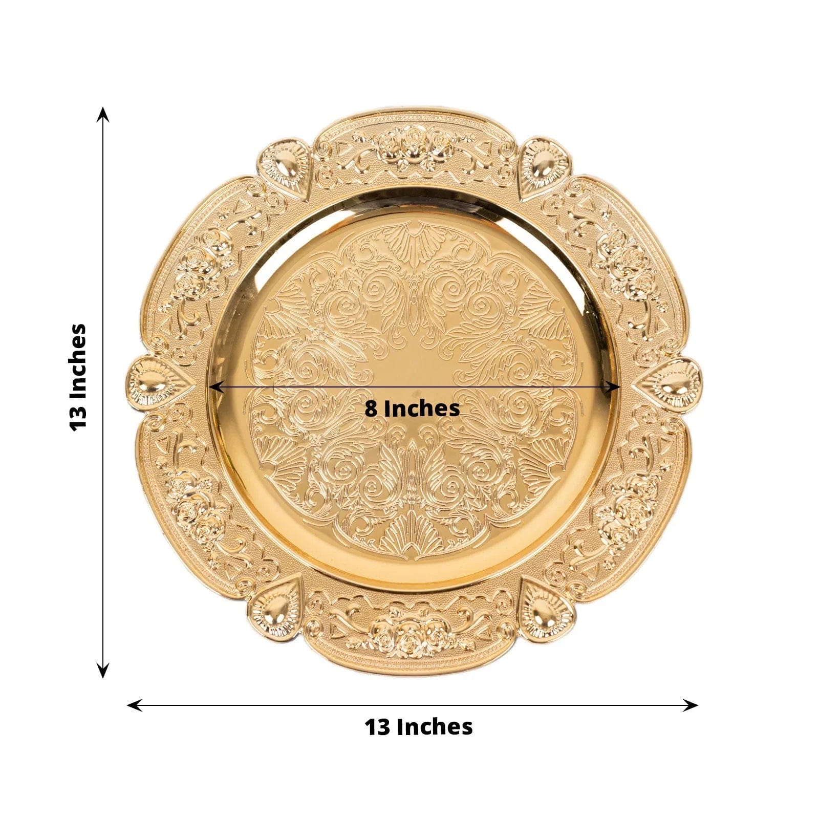6 Round 13 in Plastic Charger Plates Floral Embossed Design with Scalloped Rim