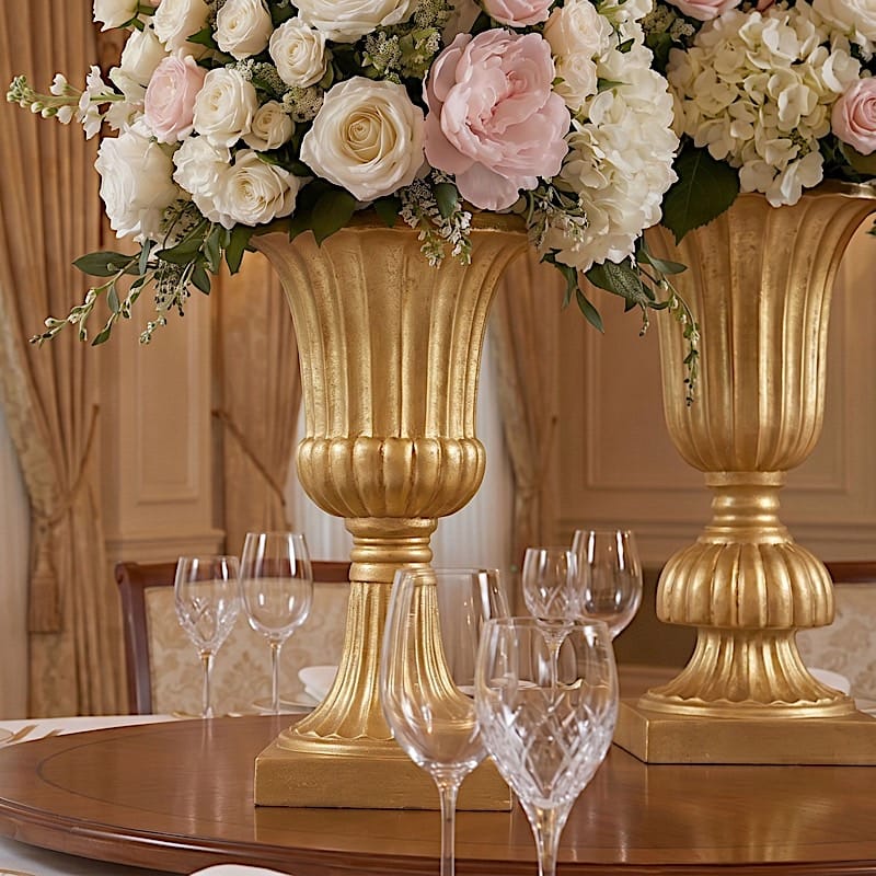 2 Gold 20 in Plastic Roman Column Urn Planters with Detachable 3-Piece Convertible Design
