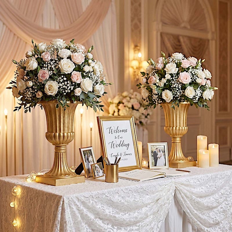 2 Gold 20 in Plastic Roman Column Urn Planters with Detachable 3-Piece Convertible Design