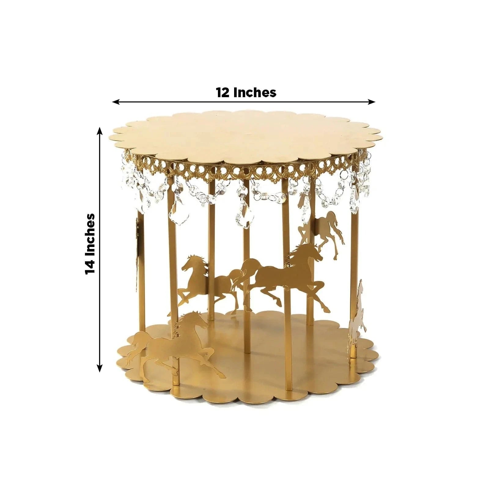 14 in Metal Round Pedestal Cake Stand Gold Carousel Design with Horses and Beads