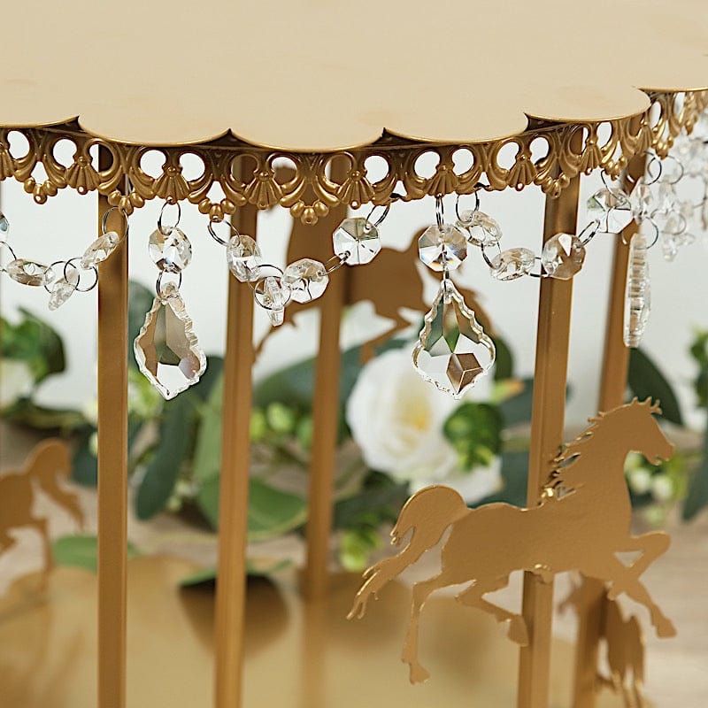 14 in Metal Round Pedestal Cake Stand Gold Carousel Design with Horses and Beads