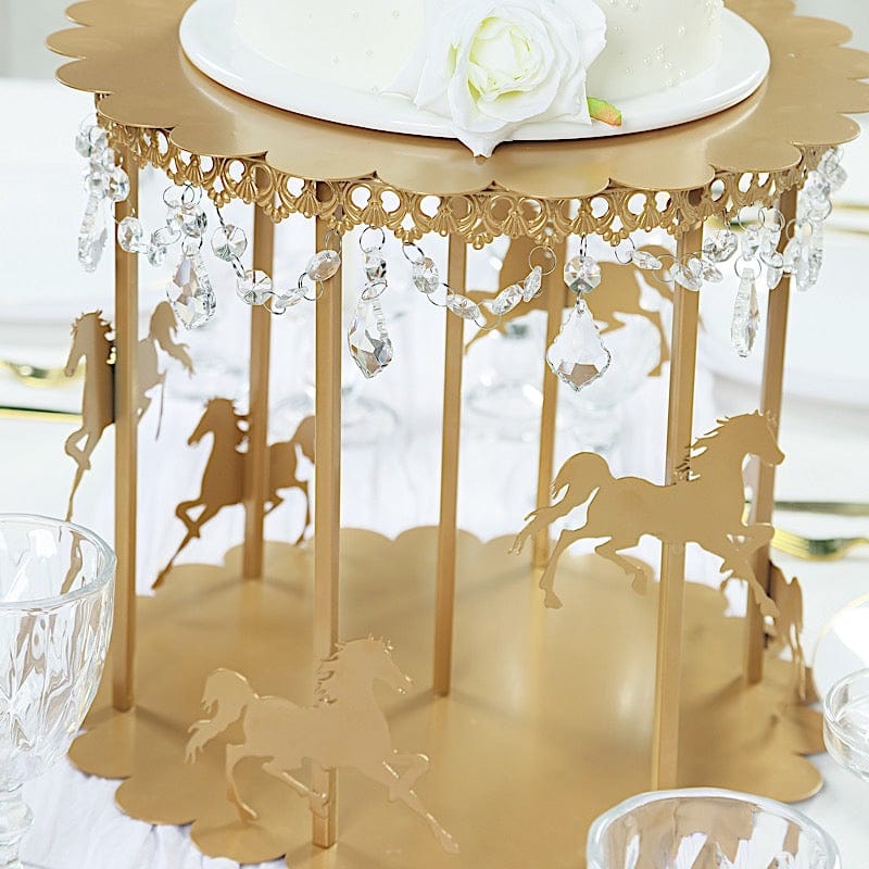14 in Metal Round Pedestal Cake Stand Gold Carousel Design with Horses and Beads