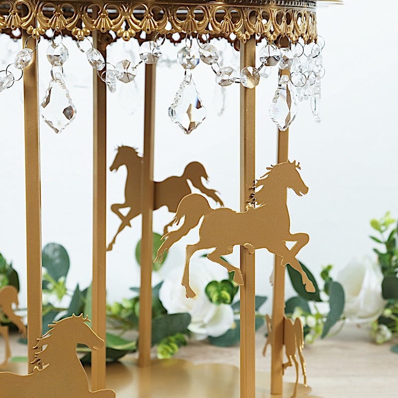 14 in Metal Round Pedestal Cake Stand Gold Carousel Design with Horses and Beads