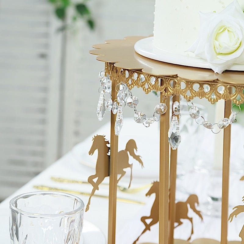 14 in Metal Round Pedestal Cake Stand Gold Carousel Design with Horses and Beads