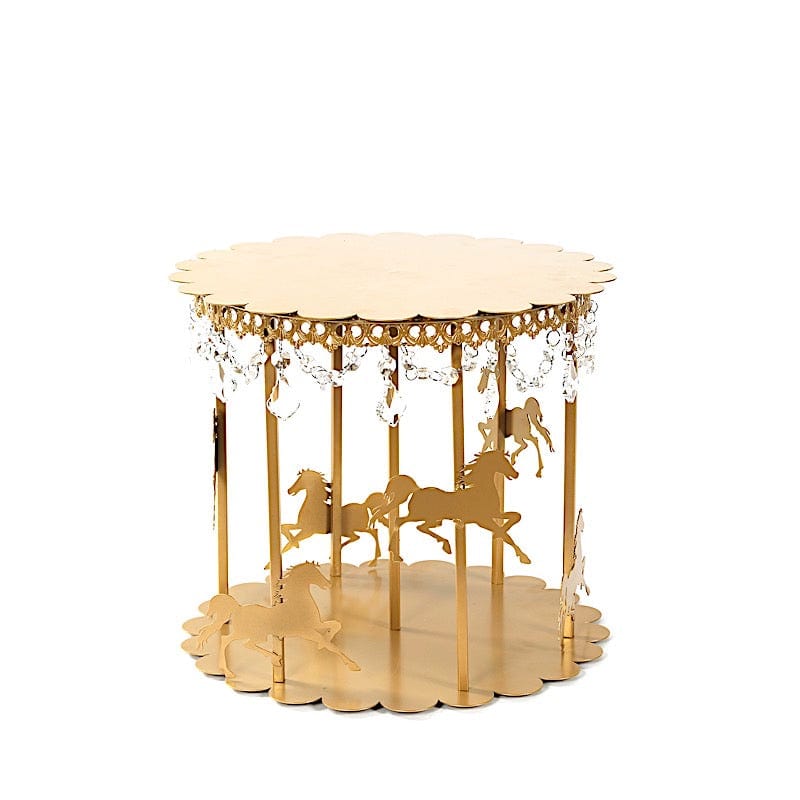 14 in Metal Round Pedestal Cake Stand Gold Carousel Design with Horses and Beads
