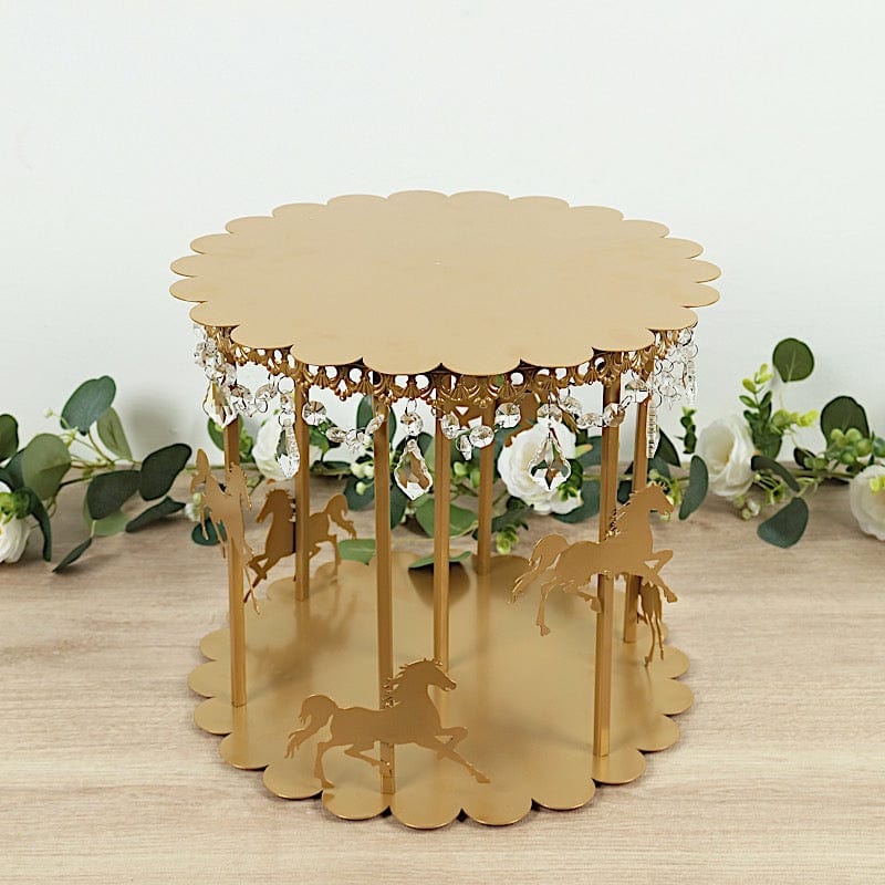 14 in Metal Round Pedestal Cake Stand Gold Carousel Design with Horses and Beads