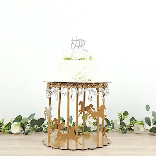 14 in Metal Round Pedestal Cake Stand Gold Carousel Design with Horses and Beads