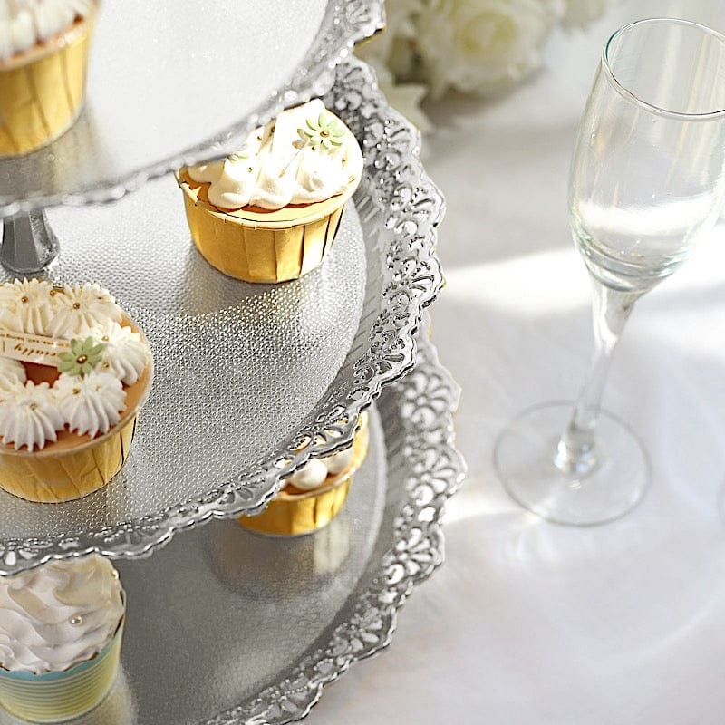 15 in Metallic Gold 3 Tier Plastic Cupcake Stand Round Dessert Display Tower with Lace Cut Trim