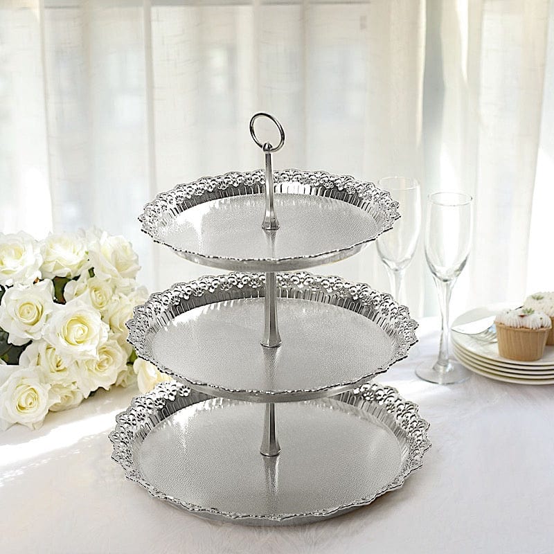 15 in Metallic Gold 3 Tier Plastic Cupcake Stand Round Dessert Display Tower with Lace Cut Trim