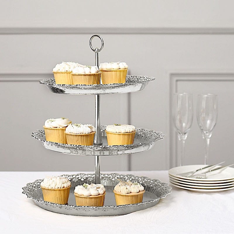 15 in Metallic Gold 3 Tier Plastic Cupcake Stand Round Dessert Display Tower with Lace Cut Trim