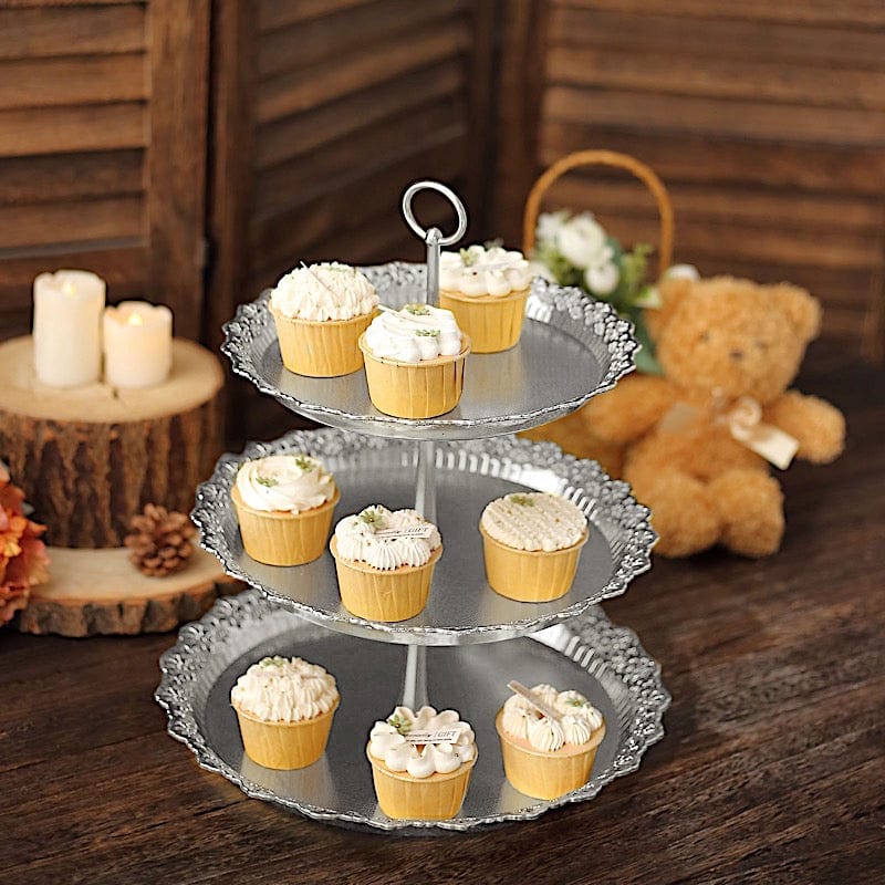 15 in Metallic Gold 3 Tier Plastic Cupcake Stand Round Dessert Display Tower with Lace Cut Trim