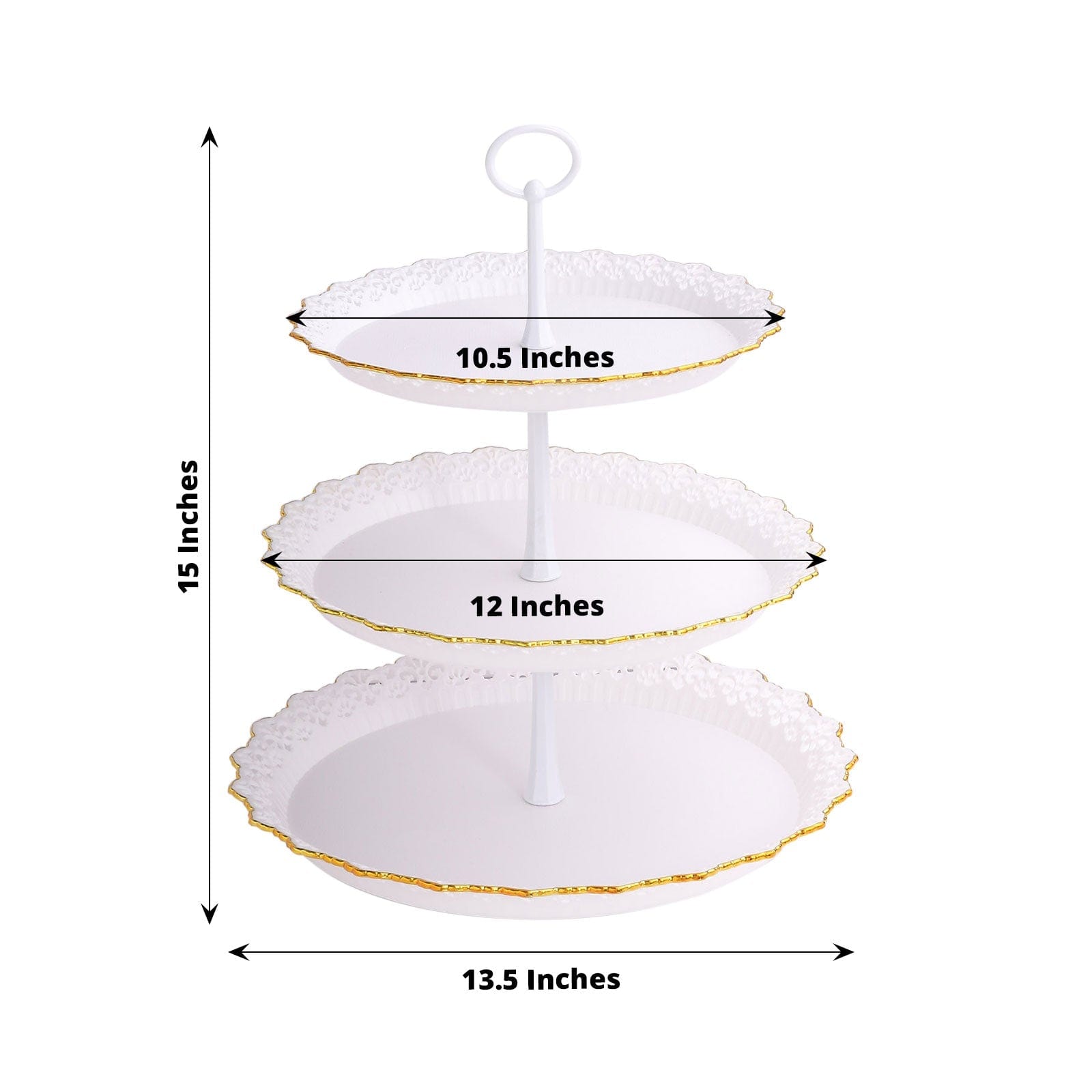 15 in Metallic Gold 3 Tier Plastic Cupcake Stand Round Dessert Display Tower with Lace Cut Trim