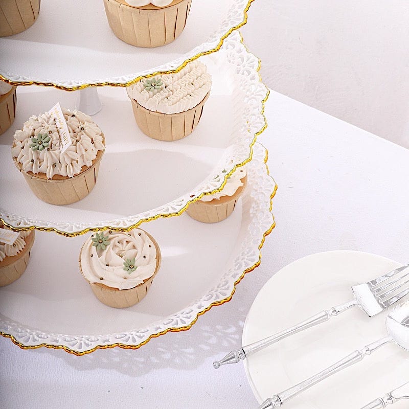 15 in Metallic Gold 3 Tier Plastic Cupcake Stand Round Dessert Display Tower with Lace Cut Trim