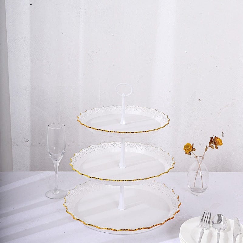 15 in Metallic Gold 3 Tier Plastic Cupcake Stand Round Dessert Display Tower with Lace Cut Trim