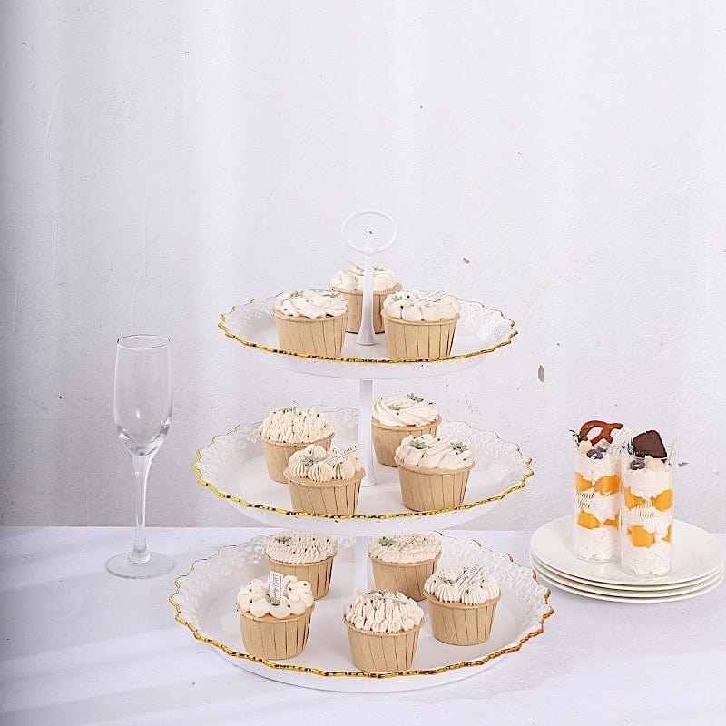 15 in Metallic Gold 3 Tier Plastic Cupcake Stand Round Dessert Display Tower with Lace Cut Trim