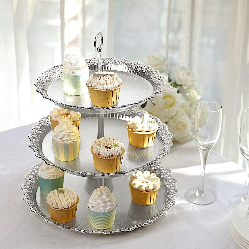 15 in Metallic Gold 3 Tier Plastic Cupcake Stand Round Dessert Display Tower with Lace Cut Trim