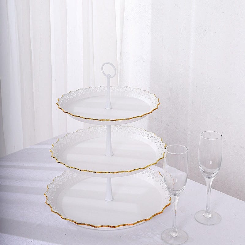 15 in Metallic Gold 3 Tier Plastic Cupcake Stand Round Dessert Display Tower with Lace Cut Trim