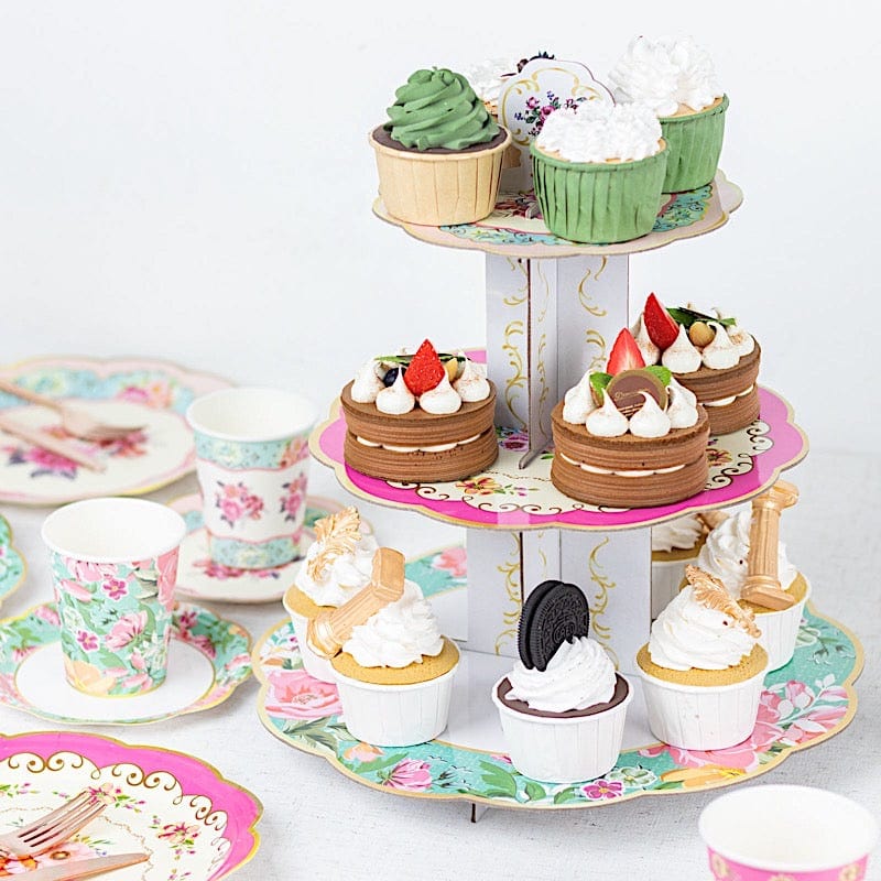 2 Assorted 14 in Round 3 Tier Floral Cupcake Stands Dessert Pedestals