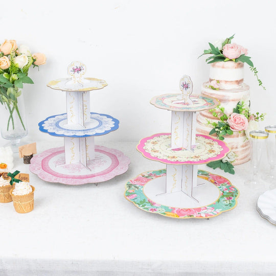 2 Assorted 14 in Round 3 Tier Floral Cupcake Stands Dessert Pedestals