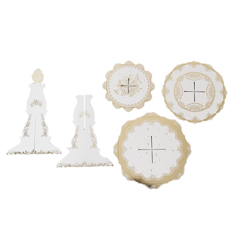 2 Pack 15 in Round 3-Tier White and Gold Cupcake Stands with Vintage Floral Pattern