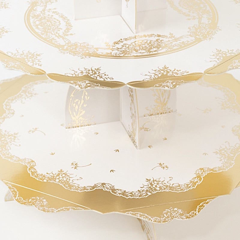 2 Pack 15 in Round 3-Tier White and Gold Cupcake Stands with Vintage Floral Pattern