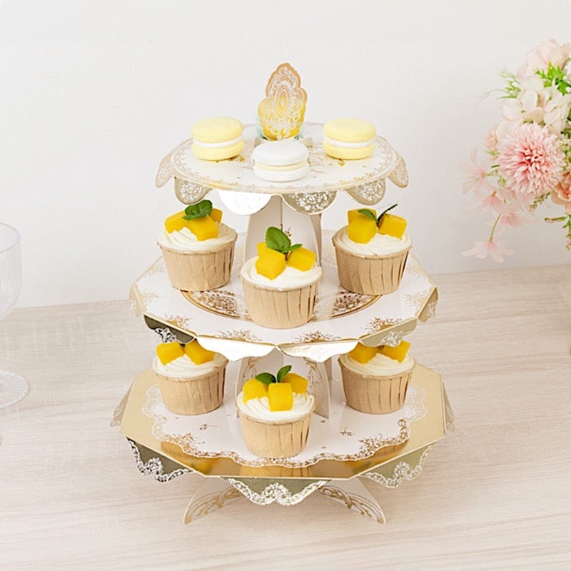 2 Pack 15 in Round 3-Tier White and Gold Cupcake Stands with Vintage Floral Pattern