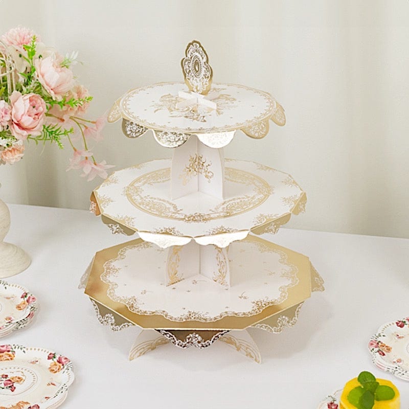 2 Pack 15 in Round 3-Tier White and Gold Cupcake Stands with Vintage Floral Pattern