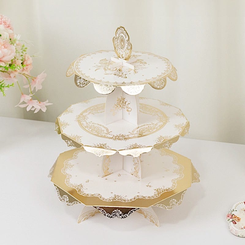 2 Pack 15 in Round 3-Tier White and Gold Cupcake Stands with Vintage Floral Pattern