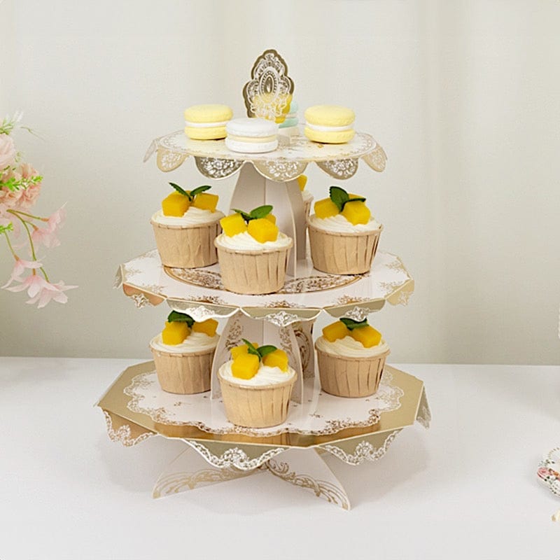 2 Pack 15 in Round 3-Tier White and Gold Cupcake Stands with Vintage Floral Pattern