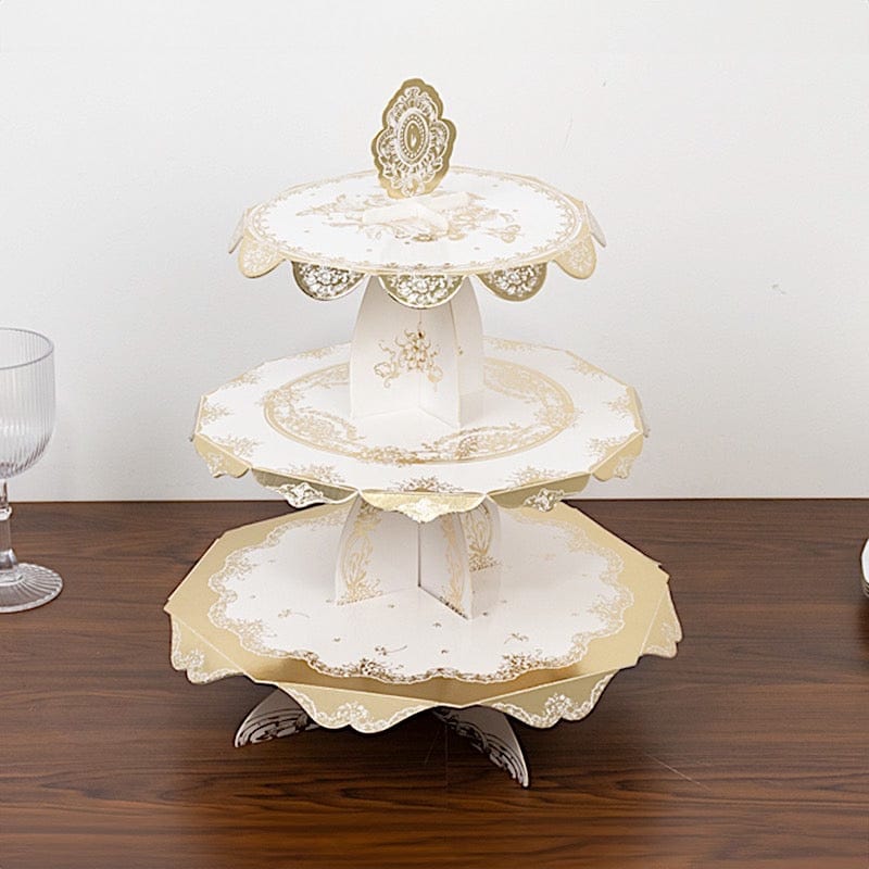 2 Pack 15 in Round 3-Tier White and Gold Cupcake Stands with Vintage Floral Pattern