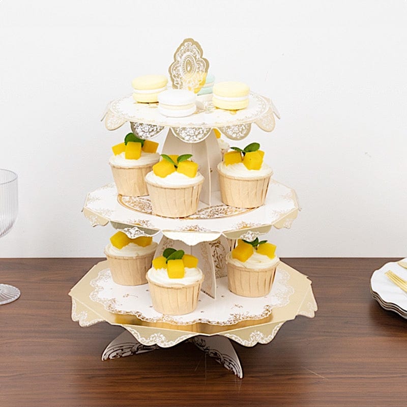 2 Pack 15 in Round 3-Tier White and Gold Cupcake Stands with Vintage Floral Pattern