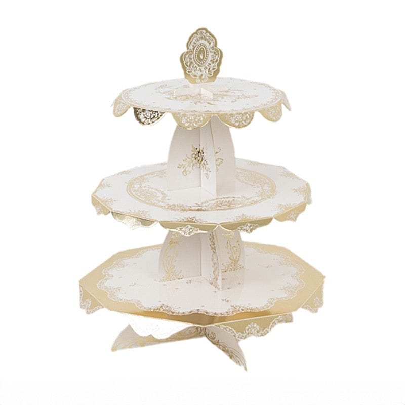 2 Pack 15 in Round 3-Tier White and Gold Cupcake Stands with Vintage Floral Pattern